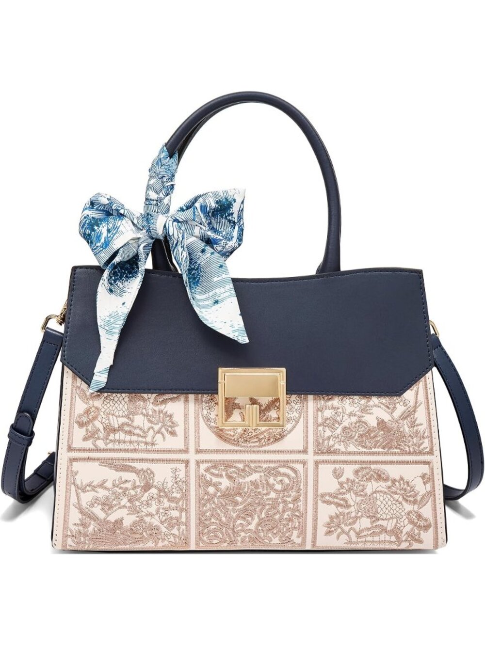 Womens Tan & Blue Vintage Embroidered Top-Handle Retro Satchel Crossbody Handbag